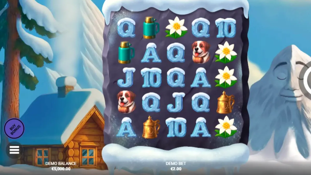 Tampilan layar slot Avalanche dengan tema pegunungan bersalju dan karakter lucu.