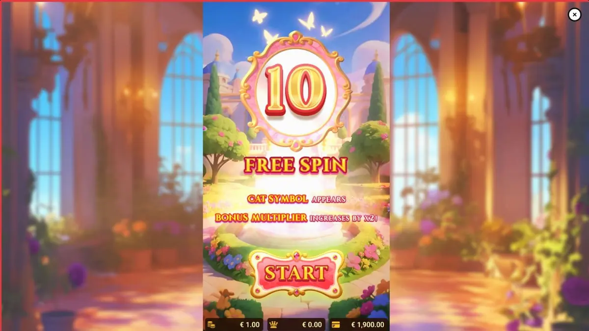 Tampilan antarmuka mobile slot Royal Paws Maxways dengan tema taman istana yang mewah.