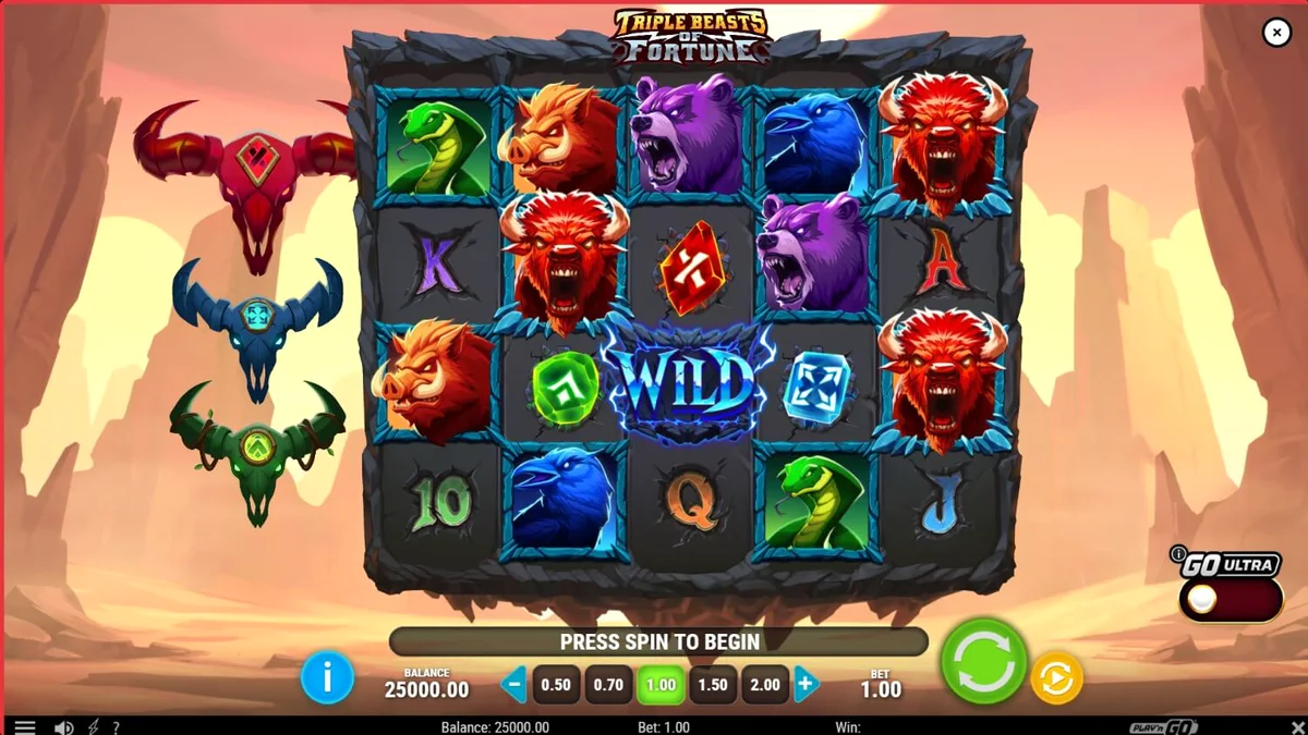 Tampilan visual slot Triple Beasts of Fortune dengan latar belakang ngarai dan simbol hewan prasejarah.